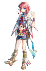 Rule 34 | 1girl, blue eyes, blue shorts, breasts, detached sleeves, falcom, full body, hair ornament, hip vent, io (ys), leg up, looking at viewer, midriff, navel, official art, pink hair, short hair, short shorts, shorts, sideboob, simple background, small breasts, smile, solo, standing, standing on one leg, stomach, white background, wristband, ys, ys viii lacrimosa of dana