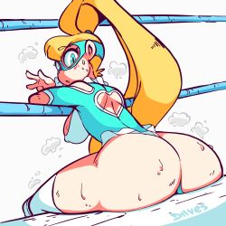 Rule 34 | 1girl, ass, back cutout, bare shoulders, blonde hair, blue eyes, blue leotard, breasts, clothing cutout, diives, domino mask, covered erect nipples, heart cutout, highres, huge ass, large breasts, leotard, long hair, looking at viewer, looking back, mask, rainbow mika, sideboob, solo, street fighter, sweat, thick thighs, thighs, twintails, wrestling mask, wrestling outfit
