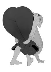 Rule 34 | 1girl, ass, barefoot, bent over, blunt bangs, blush, braid, dress, feet, from behind, greyscale, highres, huge ass, long hair, long sleeves, looking at viewer, looking back, momoko (shoutao), monochrome, original, puffy sleeves, shoutao, solo, white background