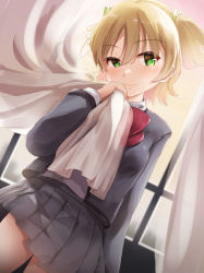 Rule 34 | 1girl, arm at side, blonde hair, blurry, blurry background, bow, bowtie, closed mouth, commentary request, cowboy shot, curtains, daiba nana, dutch angle, evening, green eyes, green ribbon, grey jacket, grey skirt, hair between eyes, hair ribbon, hand on own cheek, hand on own face, hand up, head tilt, highres, holding, indoors, jacket, long sleeves, looking at viewer, miniskirt, open clothes, open jacket, oren (770len), pleated skirt, red bow, red bowtie, ribbon, school uniform, seishou music academy uniform, shirt, shirt tucked in, short hair, short twintails, shoujo kageki revue starlight, skirt, smile, solo, standing, twintails, uneven eyes, white shirt, wind, wind lift, window