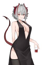 Rule 34 | 1girl, absurdres, alternate costume, antennae, arknights, backless dress, backless outfit, black dress, black thighhighs, breasts, cocktail dress, cup, demon girl, demon horns, demon tail, dress, drinking glass, evening gown, grey hair, highres, holding, holding cup, horns, jewelry, large breasts, looking at viewer, necklace, plunging neckline, rain (rain8649), red eyes, short hair, simple background, smile, solo, standing, tail, thighhighs, w (arknights), white background