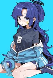 Rule 34 | 1girl, aqua background, aqua jacket, blue archive, blue eyes, blue hair, blue shorts, blush, bottle, breasts, halo, highres, holding, holding bottle, id card, jacket, lanyard, long hair, long sleeves, looking at viewer, medium breasts, parted lips, partially unzipped, ponytail, short shorts, shorts, simple background, sitting, solo, star sticker, sticker, sticker on face, sweat, watawata young, water bottle, yuuka (blue archive), yuuka (track) (blue archive)
