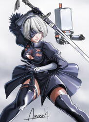 Rule 34 | 1girl, 2b (nier:automata), amasaki yusuke, black blindfold, black dress, black footwear, black gloves, black hairband, blindfold, bob cut, boots, breasts, cleavage, cleavage cutout, clothing cutout, dress, feather trim, feet out of frame, fighting stance, gloves, grey hair, hair between eyes, hairband, highres, holding, holding sword, holding weapon, juliet sleeves, long sleeves, medium breasts, mole, mole under mouth, nier:automata, nier (series), pod (nier:automata), puffy sleeves, robot, side slit, swept bangs, sword, thigh boots, weapon