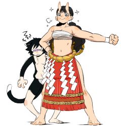 Rule 34 | &gt;:(, &gt;:), 2girls, :&lt;, aged down, animal ears, black eyes, black fur, black hair, blunt bangs, cat ears, cat girl, cat tail, claws, clenched hand, commentary request, dungeon meshi, frown, fundoshi, hand on own hip, horns, inutade, izutsumi, japanese clothes, leichen6194, light blush, loincloth, low twintails, mole, mole under eye, multiple girls, muscular, muscular female, navel, oni, puff of air, red loincloth, romaji commentary, rope, sarashi, shide, shimenawa, short hair, skin-covered horns, sparkle, sumo, tail, twintails, v-shaped eyebrows, white background, white wristband, wristband