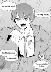 Rule 34 | 1girl, collarbone, collared shirt, commentary request, emphasis lines, fang, greyscale, hand on own hip, indonesian commentary, indonesian flag, indonesian high school uniform, indonesian text, jacket, kurokobokan, long sleeves, looking at viewer, monochrome, necktie, open clothes, open jacket, open mouth, original, pleated skirt, pointing, pointing at viewer, school uniform, shirt, short hair, skirt, solo, speech bubble, standing, translation request, upper body, v-shaped eyebrows