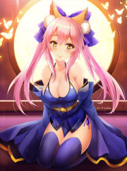 Rule 34 | 1girl, animal ears, bad id, bad pixiv id, bare shoulders, bikini, bikini under clothes, blue bikini, blue thighhighs, blush, bow, breasts, bug, butterfly, cleavage, detached sleeves, fate (series), fox ears, full body, hair bow, insect, jpeg artifacts, large breasts, long hair, looking at viewer, obi, pink hair, rods, sash, seiza, side-tie bikini bottom, sitting, smile, solo, swimsuit, tamamo (fate), tamamo no mae (fate/extra), tamamo no mae (swimsuit lancer) (fate), thighhighs, very long sleeves, yellow eyes