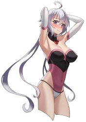 Rule 34 | 1girl, ahoge, blush, breasts, cleavage, covered erect nipples, covered navel, elbow gloves, gloves, large breasts, leotard, long hair, looking at viewer, parted lips, purple eyes, senki zesshou symphogear, simple background, solo, standing, tsukamoto kensuke, twintails, white background, white gloves, white hair, yukine chris