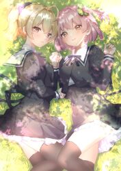Rule 34 | 2girls, ahoge, andou tazusa, assault lily, black ribbon, black skirt, black thighhighs, blonde hair, blush, brown eyes, buttons, closed mouth, clover hair ornament, commentary request, cowboy shot, cropped jacket, dappled sunlight, day, four-leaf clover hair ornament, frilled skirt, frills, grass, hair between eyes, hair ornament, hands up, high-waist skirt, highres, hitotsuyanagi riri, holding hands, houji tea latte, juliet sleeves, long sleeves, looking at viewer, looking to the side, lying, miniskirt, multiple girls, neck ribbon, on grass, on ground, on side, one side up, pink hair, ponytail, puffy sleeves, ribbon, school uniform, shirt, short hair, skirt, smile, sunlight, thighhighs, white shirt, yuri, yurigaoka girls academy school uniform
