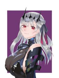 Rule 34 | 1girl, black dress, black gloves, black ribbon, black thighhighs, breasts, cleavage, closed mouth, detached sleeves, diadem, dress, from side, gloves, goddess of victory: nikke, grey hair, hair ribbon, hip armor, huge breasts, long hair, marian (nikke), modernia (nikke), modernia (second affection) (nikke), nose, red eyes, ribbon, see-through, see-through cleavage, smile, solo, thighhighs, tokitamago2525, weapon