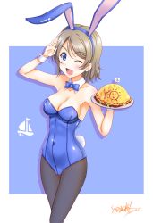 Rule 34 | 1girl, animal ears, black pantyhose, blue bow, blue bowtie, blue eyes, blue leotard, bow, bowtie, breasts, cleavage, commentary request, cowboy shot, dated, detached collar, fake animal ears, food, highres, leotard, looking at viewer, love live!, love live! sunshine!!, medium breasts, mini flag, nanase tatsuki (aurora illusion), omelet, omurice, pantyhose, playboy bunny, rabbit ears, rabbit tail, salute, short hair, signature, silver hair, solo, standing, strapless, strapless leotard, tail, watanabe you, wrist cuffs, yakisoba