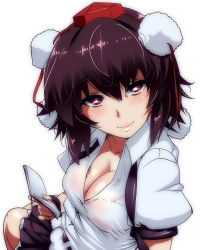 1girl black_hair blush book bra breasts cleavage collarbone downblouse female_focus hat hat_ribbon highres hyudora large_breasts looking_at_viewer pink_eyes pom_pom_(clothes) puffy_short_sleeves puffy_sleeves ribbon shameimaru_aya shirt short_sleeves simple_background sitting skirt smile solo tokin_hat touhou underwear white_background