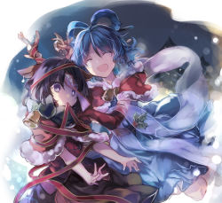 Rule 34 | 2girls, :d, antlers, bell, black skirt, blue dress, blue hair, bright pupils, capelet, chinese clothes, chisel, closed eyes, deer antlers, dress, elbow gloves, gloves, hair ornament, hair rings, hair stick, highres, holding person, horns, kaku seiga, kutsuki kai, miyako yoshika, multiple girls, open mouth, outstretched arms, purple eyes, purple hair, red capelet, red gloves, shawl, skirt, smile, star (symbol), tangzhuang, touhou, white pupils
