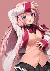 Rule 34 | 1girl, black skirt, blue eyes, bow, bowtie, highres, jacket, long hair, long sleeves, looking at viewer, nijisanji, open mouth, pink background, pink hair, pleated skirt, red bow, red bowtie, simple background, skirt, smile, solo, suo sango, suo sango (1st costume), virtual youtuber, white jacket, yuuri nayuta