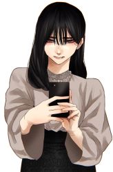 Rule 34 | 1girl, black hair, black skirt, cellphone, cuts, grey eyes, grey shirt, hair between eyes, high-waist skirt, highres, holding, holding phone, hoshi san 3, injury, long hair, long sleeves, looking at viewer, mole, mole under eye, mole under mouth, original, parted lips, phone, shirt, simple background, skirt, smartphone, solo, taking picture, unmoving pattern, white background, wide sleeves