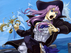 Rule 34 | 1girl, alteil, ascot, blue eyes, blue thighhighs, female focus, hat, hat feather, jacket, jewelry, kushizukino ayame, long hair, ocean, open mouth, outdoors, pirate hat, purple hair, purple leia, ship, skirt, solo, thighhighs, tricorne, uvula, water, watercraft