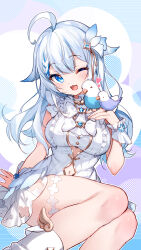 Rule 34 | &gt; &lt;, 1girl, ;d, ahoge, animal, animal on hand, bird, bird on hand, bison cangshu, blue eyes, blue hair, blush, breasts, clothing cutout, commentary request, dress, feet out of frame, grey hair, hair between eyes, hand up, heart, highres, large breasts, multicolored hair, navel, navel cutout, one eye closed, open mouth, original, polka dot, polka dot background, sleeveless, sleeveless dress, smile, solo, streaked hair, striped, striped background, white dress, wrist cuffs