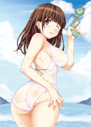 Rule 34 | 1girl, :p, ;p, anegasaki nene, ass, blush, breasts, brown hair, casual one-piece swimsuit, covered erect nipples, huge ass, impossible clothes, impossible swimsuit, large breasts, looking back, love plus, mole, mole under eye, mushi024, one-piece swimsuit, one eye closed, purple eyes, see-through, solo, swimsuit, tongue, tongue out, water, water gun, wet, wink