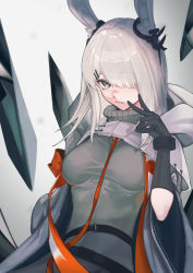 Rule 34 | 1girl, animal ears, arknights, armband, black gloves, breasts, closed mouth, coat, commentary, cowboy shot, expressionless, eyelashes, frostnova (arknights), gloves, gradient background, grey background, grey eyes, grey sweater, hair between eyes, hair ornament, hair over one eye, hairclip, highres, hood, hooded coat, looking at viewer, medium breasts, medium hair, miyazaki-san (mmyyzk), open clothes, open coat, originium arts (arknights), rabbit ears, scar, scar on face, scar on nose, silver hair, simple background, solo, strap, sweater, turtleneck, turtleneck sweater, unzipped, white coat