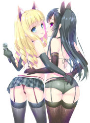 Rule 34 | 2girls, animal ears, ass, bad id, bad pixiv id, bikini, black hair, blonde hair, blue eyes, cat ears, drill hair, elbow gloves, emily (pure dream), from behind, garter straps, gloves, holding hands, long hair, microphone, miniskirt, multiple girls, plaid, plaid skirt, red eyes, short shorts, shorts, side-by-side, skirt, swimsuit, thighhighs, thong, tongue, tongue out, yuri