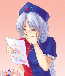 Rule 34 | 1girl, bad id, bad pixiv id, birthday, birthday cake, braid, breasts, brown eyes, cake, candle, character doll, child&#039;s drawing, covering own mouth, cross, crying, dress, food, hand on own face, happy birthday, hat, heart, koissa, long hair, nurse cap, pink background, rabbit, silver hair, single braid, solo, streaming tears, tears, touhou, yagokoro eirin