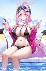 Rule 34 | 1girl, absurdres, animal, bikini, bird, black bikini, blue archive, blush, breasts, cleavage, closed mouth, day, eimi (blue archive), eimi (swimsuit) (blue archive), eternity (shadeh), feet out of frame, fingernails, food, goggles, goggles on head, halo, highres, holding, holding spoon, jacket, large breasts, long hair, long sleeves, looking at viewer, official alternate costume, open clothes, open jacket, outdoors, parfait, penguin, pink eyes, pink hair, pink halo, pink jacket, ponytail, scarf, sitting, soaking feet, solo, spoon, swimsuit, very long hair, water, white scarf