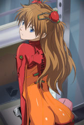 Rule 34 | 00s, 1girl, ass, blue eyes, bodysuit, brown hair, butt crack, evangelion: 2.0 you can (not) advance, from behind, haruyama kazunori, latex, long hair, looking at viewer, looking back, multicolored clothes, neon genesis evangelion, plugsuit, rebuild of evangelion, red bodysuit, see-through, see-through bodysuit, shiny clothes, souryuu asuka langley, test plugsuit, very long hair, wide hips