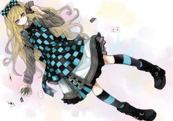 Rule 34 | 1girl, apron, bad id, bad pixiv id, blonde hair, blue eyes, boots, bow, card, dress, female focus, full body, gradient background, hair bow, long hair, long sleeves, original, pigeon-toed, playing card, rage (rojiura), socks, solo, striped clothes, striped socks, white background