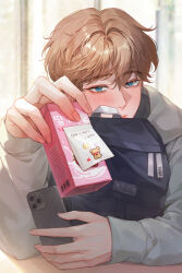 Rule 34 | 1boy, arm rest, backlighting, bag, blue eyes, blush, brown hair, cellphone, closed mouth, commentary, desk, fingernails, grey hoodie, hair between eyes, hand up, highres, holding, holding bag, holding carton, holding phone, hood, hoodie, incoming drink, indoors, light particles, lips, long sleeves, looking at viewer, male focus, milk carton, nolang, note, original, phone, phone number, short hair, shoulder bag, sleeves past wrists, smartphone, solo, sticker, strawberry milk, sunlight, symbol-only commentary, upper body, variant set