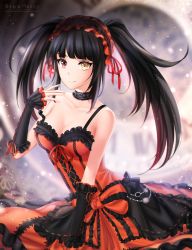 Rule 34 | 1girl, artist name, black choker, black dress, black hair, black sleeves, blurry, blurry background, bow, breasts, choker, cleavage, clock eyes, closed mouth, collarbone, date a live, detached sleeves, dress, frilled bow, frills, gigamessy, gothic lolita, gradient hair, hairband, heterochromia, lolita fashion, lolita hairband, long dress, long hair, long sleeves, looking at viewer, medium breasts, multicolored hair, red bow, red dress, red eyes, red hair, ribbon, sitting, sleeveless, sleeveless dress, sleeves past wrists, smile, solo, symbol-shaped pupils, tokisaki kurumi, twintails, two-tone dress, very long hair, watermark, yellow eyes