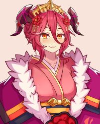 Rule 34 | 1girl, absurdres, blush, dragalia lost, fang, flower, fur trim, hair between eyes, hair flower, hair ornament, highres, japanese clothes, kimono, long bangs, looking at viewer, mym (dragalia lost), nurufufufu, official alternate costume, red flower, red hair, skin fang, smile, solo, upper body, yellow eyes