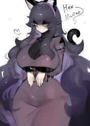 Rule 34 | 1girl, @ @, animal ear headwear, animal ears, arm belt, arms under breasts, black nails, black sweater, blue eyes, blush, breasts, cat ears, cat tail, creatures (company), curvy, dress, eyeshadow, fake animal ears, fake tail, game freak, headband, hex maniac (pokemon), highres, huge breasts, long hair, looking at viewer, makeup, messy hair, nintendo, pokemon, pokemon xy, purple dress, purple hair, sidelocks, sweater, tail, thick thighs, thighs, togetoge, very long hair, wide hips