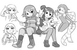 Rule 34 | 2girls, burger, closed mouth, dagger, drumsticks, food, freckles, full body, greyscale, guitar, holding, holding dagger, holding drumsticks, holding food, holding guitar, holding instrument, holding knife, holding weapon, hone (honesk1), instrument, jacket, kim pine, knife, knives chau, long scarf, looking at viewer, monochrome, multiple girls, multiple views, scarf, scott pilgrim (series), scott pilgrim takes off, shoes, short hair, simple background, sitting, skirt, smile, solid oval eyes, striped clothes, striped scarf, weapon, white background