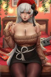 Rule 34 | 1girl, aran sweater, azur lane, bare shoulders, bed, bedroom, belfast (azur lane), belfast (shopping with the head maid) (azur lane), beret, between breasts, black pantyhose, black skirt, blue eyes, breasts, brown sweater, cable knit, choker, cleavage, curvy, earrings, food, food between breasts, gun, hair between eyes, hat, highres, holding, holding food, holding pocky, hoop earrings, in mouth, jewelry, large breasts, long hair, looking at viewer, nail polish, off-shoulder sweater, off shoulder, on bed, pantyhose, pencil skirt, pocky, pocky day, red hat, red nails, sash, sciamano240, silver hair, sitting, skirt, solo, sweater, thick thighs, thighs, turret, very long hair, weapon, white sash