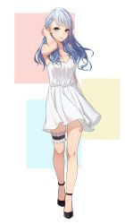 Rule 34 | 1girl, adjusting hair, arm at side, armpit peek, bare arms, black footwear, blue eyes, blue hair, blush, breasts, cleavage, collarbone, dress, full body, hair ornament, hand up, heterochromia, high heels, highres, long hair, looking at viewer, medium breasts, moon (ornament), no socks, original, red eyes, shoes, smile, solo, standing, sundress, thigh strap, tight (ohmygod), white dress