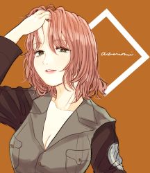 Rule 34 | 1girl, arai ako, azumi (girls und panzer), black jacket, breasts, brown background, brown hair, character name, cleavage, closed mouth, commentary, cursive, emblem, full body, girls und panzer, green eyes, half-closed eyes, hand in own hair, highres, jacket, lips, long sleeves, looking at viewer, medium breasts, military, military uniform, parted lips, selection university (emblem), selection university military uniform, short hair, simple background, smile, solo, square, uniform, upper body