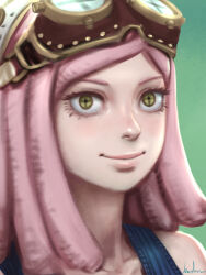 Rule 34 | 1girl, blue tank top, boku no hero academia, commentary, cross-shaped pupils, goggles, goggles on head, gohpot, green eyes, hatsume mei, highres, pink hair, portrait, signature, smile, solo, symbol-shaped pupils, tank top