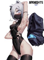 Rule 34 | 1boy, 1girl, ^^^, animal ears, areola slip, arknights, arm up, licking armpit, armpits, black gloves, black hair, black jacket, black leotard, black thighhighs, blue eyes, blush, breasts, cat ears, chinese commentary, copyright name, covered erect nipples, covered navel, cowboy shot, crying, crying with eyes open, doctor (arknights), ear piercing, eyes visible through hair, fingerless gloves, fishnets, gloves, hair over one eye, highres, hood, hooded jacket, jacket, leotard, licking, looking at viewer, male doctor (arknights), mask, max-k, medium breasts, mouth mask, parted bangs, piercing, shirayuki (arknights), short hair, sideboob, silver hair, simple background, skin tight, skindentation, surprised, tears, thighhighs, tongue, tongue out, weasel ears, white background