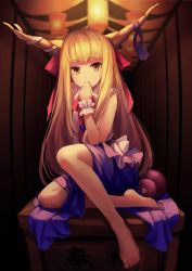 Rule 34 | 1girl, barefoot, covering own mouth, hand on own face, hand over own mouth, horns, ibuki suika, long hair, looking at viewer, solo, third-party source, touhou, ttk (kirinottk), wrist cuffs, yellow eyes