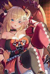 Rule 34 | 1girl, akai haato, arm ribbon, black choker, black dress, black thighhighs, blonde hair, breasts, choker, cleavage, commentary request, crown, detached sleeves, dress, feet out of frame, hair ornament, hair ribbon, hairclip, heart, heart hair ornament, heart necklace, highres, hololive, jewelry, large breasts, long hair, magowasabi, mini crown, nail polish, necklace, puffy short sleeves, puffy sleeves, red nails, red ribbon, red thighhighs, ribbon, short sleeves, signature, sitting, solo, strapless, strapless dress, thighhighs, twitter username, two-tone legwear, two side up, very long hair, virtual youtuber, x hair ornament