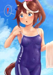 Rule 34 | !, 1girl, absurdres, animal ears, blue eyes, blue one-piece swimsuit, blue sky, breasts, brown hair, chestnut mouth, cloud, collarbone, competition school swimsuit, covered navel, hair flaps, high ponytail, highres, horse ears, horse girl, horse tail, long hair, multicolored hair, naka ushiro, one-piece swimsuit, one-piece tan, school swimsuit, sky, small breasts, solo, streaked hair, swimsuit, tail, tan, tanline, tokai teio (umamusume), towel, tracen swimsuit, two-tone hair, umamusume, wet, wet clothes, wet swimsuit, white hair