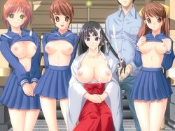 Rule 34 | 1boy, 4girls, artist request, breasts, censored, character request, copyright request, cum, hairjob, japanese clothes, large breasts, multiple girls, penis, school uniform, smile, source request