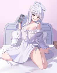 Rule 34 | 1girl, absurdres, barefoot, blue archive, blue halo, blunt bangs, blush, breasts, cellphone, cleavage, doli, dress, halo, hand up, highres, holding, holding phone, incoming call, indoors, large breasts, long hair, long sleeves, looking at viewer, multicolored halo, noa (blue archive), on bed, open mouth, panties, phone, purple eyes, side-tie panties, single bare shoulder, single off shoulder, sitting, smartphone, smile, solo, two-tone halo, underwear, very long hair, wariza, white hair, white halo, white panties