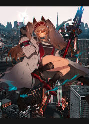 Rule 34 | 1girl, angelina (arknights), animal ears, arknights, black gloves, brown hair, city, cityscape, commentary request, day, flying, fox ears, full body, gloves, hairband, holding, holding staff, infection monitor (arknights), jacket, long hair, long sleeves, looking at viewer, open clothes, outdoors, red eyes, red hairband, shirt, smile, solo, soukou makura, staff, twintails