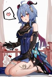 Rule 34 | 1girl, ahoge, bare shoulders, black footwear, black gloves, blue dress, blue hair, breasts, commentary request, detached sleeves, dress, ganyu (genshin impact), ganyu (twilight blossom) (genshin impact), genshin impact, gloves, hair ornament, heart, high heels, highres, horns, large breasts, long sleeves, looking at viewer, open mouth, red eyes, seiza, short hair, sitting, sleeveless, sleeveless dress, solo, spoken heart, the olphy, thighs