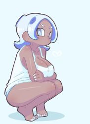Rule 34 | 1girl, :/, arms under breasts, bare legs, bare shoulders, barefoot, blue background, blue eyes, blue hair, blue nails, blue shorts, blush, breasts, camisole, cleavage, closed mouth, collarbone, commentary request, crossed arms, dark-skinned female, dark skin, from side, full body, heart, hekoningyou (waraningyou), highres, large breasts, looking at viewer, medium hair, nintendo, octoling, octoling girl, octoling player character, parted bangs, shorts, sideways glance, solo, splatoon (series), squatting, suction cups, tentacle hair, v-shaped eyebrows, white camisole