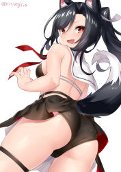 Rule 34 | 1girl, animal ear fluff, animal ears, ass, azur lane, bare arms, bare shoulders, black hair, black panties, black sailor collar, black skirt, claw pose, commentary request, fang, from behind, from below, looking at viewer, looking back, medium hair, open mouth, panties, pantyshot, ponytail, red eyes, sailor collar, shigure (azur lane), sidelocks, simple background, skirt, smile, solo, standing, tail, torimaru, twitter username, underwear, white background, wolf ears, wolf tail