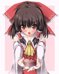 Rule 34 | 1girl, blush, brown hair, candy, chocolate, chocolate heart, colorized, detached sleeves, female focus, food, gift, hakurei reimu, heart, highres, holding, holding gift, imperishable night, incoming gift, japanese clothes, komachi (natsu), miko, red eyes, ribbon, solo, touhou, valentine