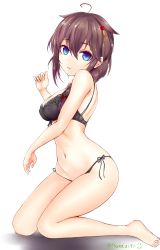 Rule 34 | 1girl, absurdres, ahoge, alternate costume, bad id, bad twitter id, black panties, blue eyes, blush, bra, braid, breasts, brown hair, collarbone, commentary request, franz (217franz), full body, hair between eyes, hair flaps, hair ornament, hair over shoulder, hairclip, highres, kantai collection, kneeling, lingerie, looking at viewer, medium breasts, navel, open mouth, panties, ribbon, shigure (kancolle), shigure kai ni (kancolle), side-tie panties, simple background, single braid, smile, solo, underwear, underwear only, white background