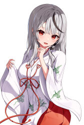 Rule 34 | 1girl, absurdres, black hair, blush, breasts, ear piercing, fang, grey hair, highres, hololive, japanese clothes, kag tsukimi, looking at viewer, medium breasts, multicolored hair, open mouth, piercing, red eyes, sakamata chloe, skin fang, smile, solo, streaked hair, virtual youtuber, white background, wide sleeves