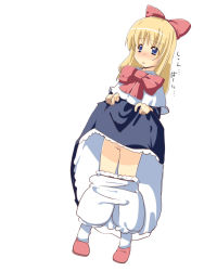 Rule 34 | 1girl, blonde hair, bloomers, bloomers pull, blue eyes, blush, bow, clothes lift, female focus, full body, hair ribbon, ribbon, ruku (alicecreation), shanghai doll, simple background, skirt, skirt lift, solo, touhou, underwear, white background